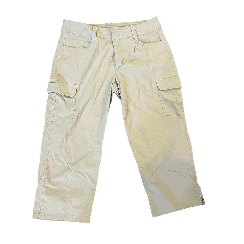 Eddie Bauer Womens Cargo Capri Pants Khaki Stretch Nylon Zip Pocket Size 10